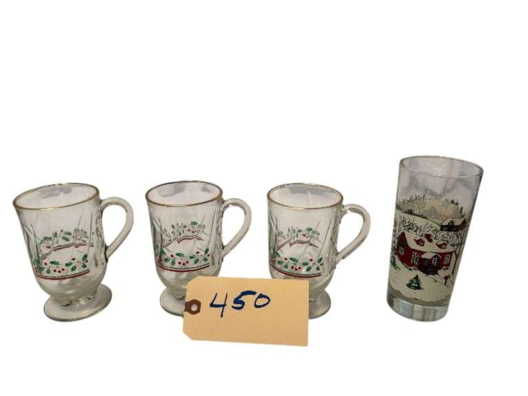 3 IRISH COFFEE MUGS WITH GOLD COLORED RIMS, 1 WINTER SCENE GLASS TUMBLER image