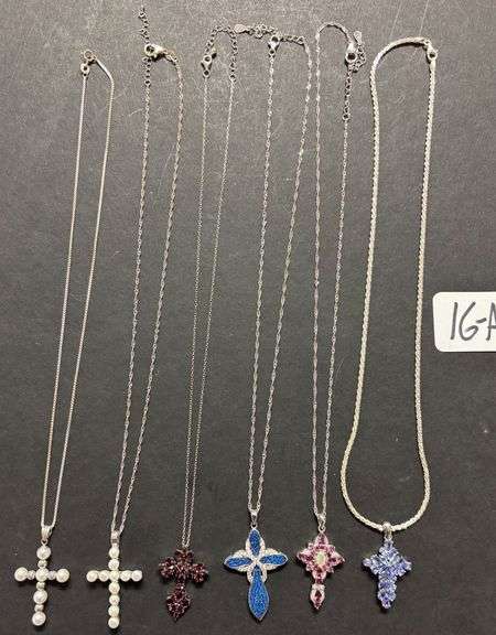 6 STERLING SILVER 925 CROSS PENDANTS AND NECKLACES, PEARL TYPE STONES, RUBY RED STONES, BLUE STONES - 39.37 GRAMS TOTAL, 1.26 TROY OZ image