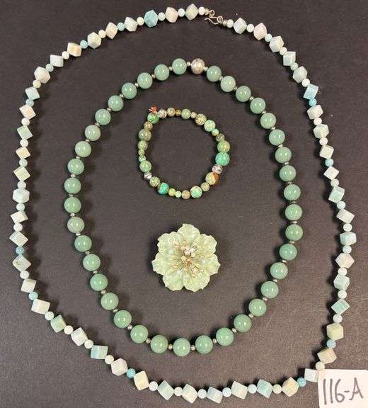 BEAUTIFUL JADE FLORAL BROOCH PIN, JADE ROUND BEAD NECKLACE, JADE SQUARE BEAD NECKLACE, JADE STONE BRACELET, MOST WITH 925 STERLING CLASPS/BACKING image