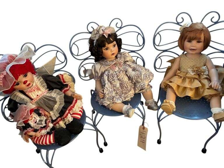 3 MARIE OSMOND SERIES DOLLS IN METAL "ICE CREAM CHAIRS" - CHAIRS ARE ALMOST 2 FT TALL IN THE BACK - HOLDING 3 PORCELAIN DOLLS - THE RAGGEDY ANN STYLE DOLL ON THE LEFT IS PART OF THE MARIE OSMOND SERIES - THE CENTER ONE IS A BABY ANNETTE FROM THE MARIE OSMOND SERIES - THE LAST ONE IS ENTITLED LOVE AND LAUGHTER ALSO PART OF THE MARIE OSMOND SERIES image
