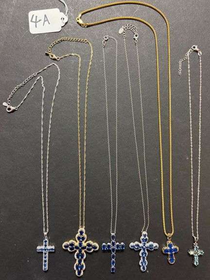 6 STERLING SILVER 925 CROSS PENDANTS WITH STERLING 925 NECKLACES, BLUE STONES - 1.48 TROY OZ OR 46.17 GRAMS TOTAL W/ STONES image
