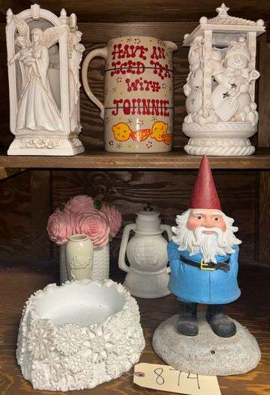 LOT OF ITEMS IN CABINET TO INCLUDE TWO WHITE RESIN LANTERNS WITH BATTERY CANDLES, LARGE CANDLEHOLDER BASE, STONEWARE TEA PITCHER, GNOME, ETC. image