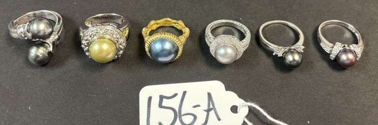 6 STERLING RINGS W/ CULTURED PEARLS - 1.34 TROY OZ, 41.88 GRAMS TOTAL W/ STONES - SIZES RANGE FROM 6-8 image