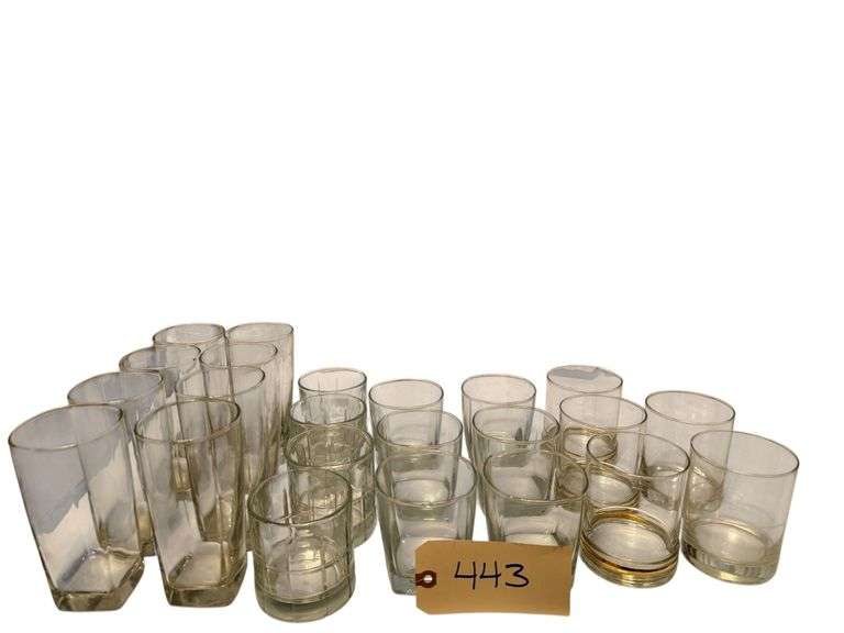 8 WATER/TEA GLASSES, 8 SQUARE ROCKS GLASSES, 4 ROUND ROCKS GLASSES, 3 ROUND ROCKS GLASSES WITH GOLD COLORED BAND, 2 ROUND ROCKS GLASSES image