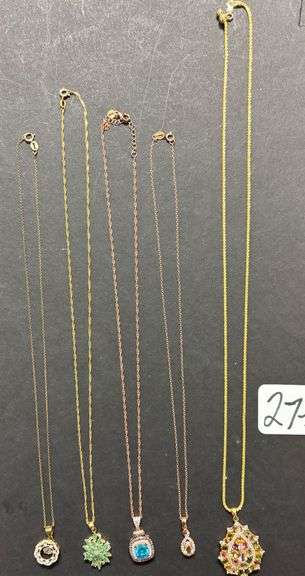 5 STERLING SILVER 925 NECKLACES, 3 GOLD TONE, 2 COPPER TONE, JADE, DIAMOND TYPE, BLUE SAPPHIRE, AMBER, MULTICOLORED - .85 TROY OZ, 26.27 GRAMS TOTAL INCLUDING STONES image