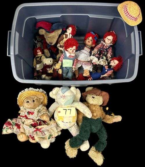 LARGE BLUE TOTE AND LID WITH CONTENTS: BOYD'S BEARS, PORCELAIN FACE CLOWN DOLLS, VINTAGE QUILTED BEAR, ETC. image