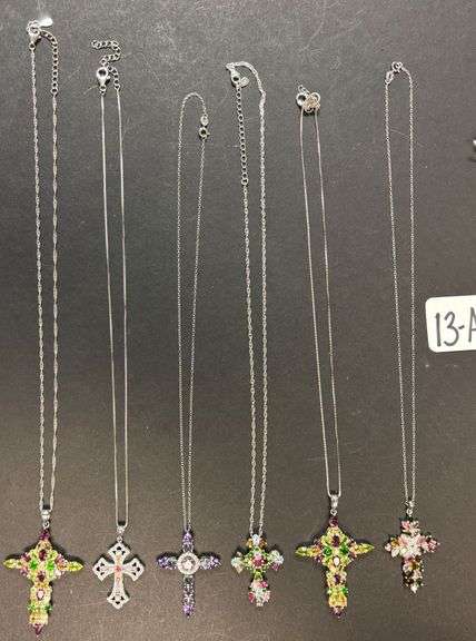 6 STERLING SILVER 925 CROSS NECKLACES & PENDANTS (1 PENDANT UNMARKED), MULTICOLORED STONES - 1.55 TROY OZ, 48.24 GRAMS TOTAL WITH STONES image