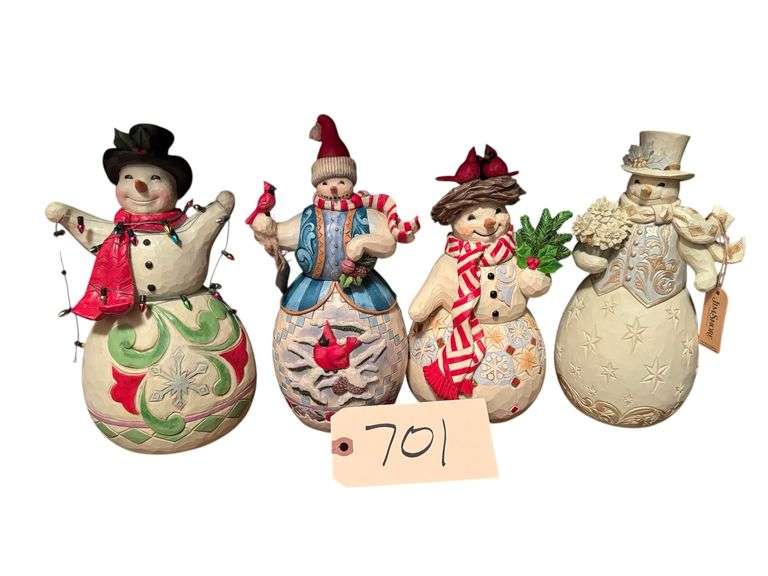 4 JIM SHORE SNOWMEN STATUES: "SMILE THROUGH THE SEASON", "ANSWERING WINTER'S CALL", "HOME IS WHERE YOU ARE", "BLESSINGS BLOOM THIS SEASON" image