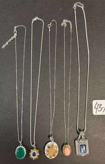 5 STERLING 925 NECKLACES W/ PENDANTS, EMERALD GREEN STONE, BLUE SAPPHIRE TYPE W/ AMBER BURSTS, AMBER W/ AMBER BURSTS, PINK OPAL W/ AMBER STONES, BLUE SQUARE STONE - 58.14 GRAMS, 1.86 TROY OZ INCLUDING STONES image