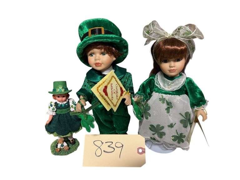 LUCK OF THE IRISH MADAM ALEXANDER, 2 COLLECTORS CHOICE PORCELAIN DOLLS - MALE AND FEMALE IN GREEN IRISH ATTIRE image