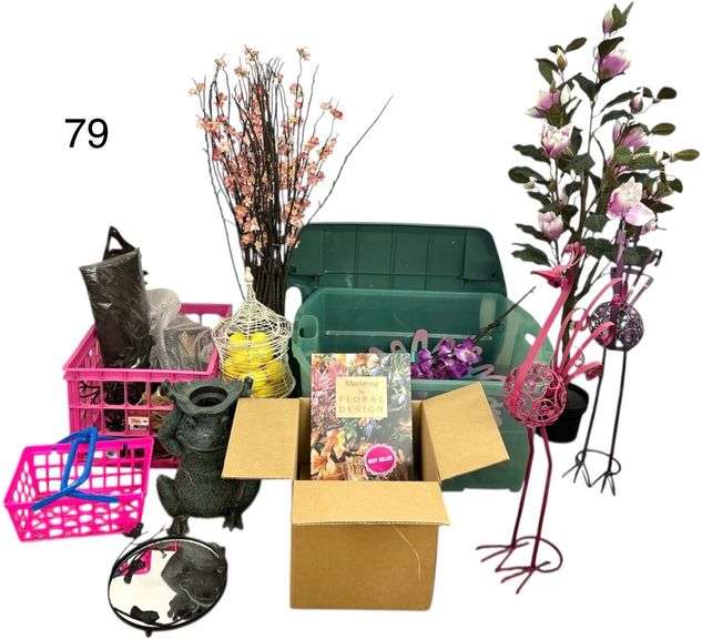 LOT OF SPRING/SUMMER DECOR TO INCLUDE TALL DECORATIVE FLORAL ITEMS, TWO METAL PEACOCKS, FROG STATUE, WIRE BASKET WITH LEMONS, METAL BIRD DECORATED MIRROR TRAY, NEW IN BOX GLASS FLORAL DESIGN BOOK AND VASE, ETC. - TOTE WITH LID INCLUDED image
