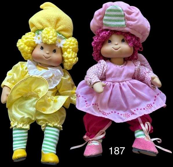 LOT OF 2 MARIE OSMOND PORCELAIN FACE STRAWBERRY SHORTCAKE 8 INCH TINY TOT COLLECTOR DOLLS: RASPBERRY TART AND LEMON MERINGUE image