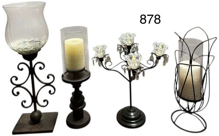 FOUR LARGE DECORATOR PIECES: TWISTED WIRE CANDLE HOLDER WITH GLASS GLOBE PLUS CANDLE, LARGE PEDESTAL CANDLE BASE WITH GLASS GLOBE AND BATTERY OP CANDLE, METAL BASE CANDELABRA - BATTERY OPERATED - WITH PRISMS, METAL FIGURAL PIECE WITH GLASS GLOBE image