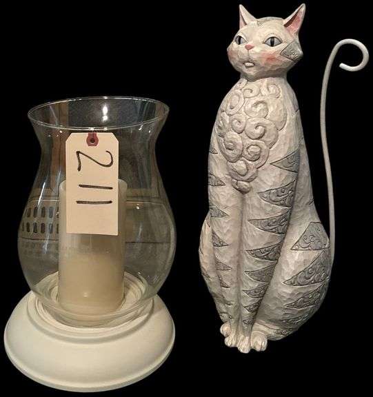 LARGE HURRICANE STYLE LAMP WITH CANDLE, TALL CUTE CAT DECORATOR FIGURE (APP. 18 IN TALL) image