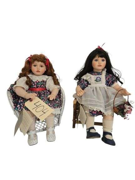 BLACKBERRY BLOSSOM BY ANN TIMMERMAN PORCELAIN DOLL APPROX. 15” SITTING HEIGHT IN WOODEN DOLL CHAIR, SWEET STRAWBERRY BY ANN TIMMERMAN PORCELAIN DOLL APPROX. 14” SITTING HEIGHT IN WHITE WOVEN DOLL CHAIR image