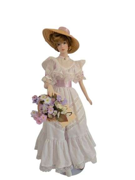 APPEARS TO BE “PRISCILLA” BY HAMILTON COLLECTION (NO VISIBLE MARKINGS) PORCELAIN DOLL APPROX. 21” TALL image