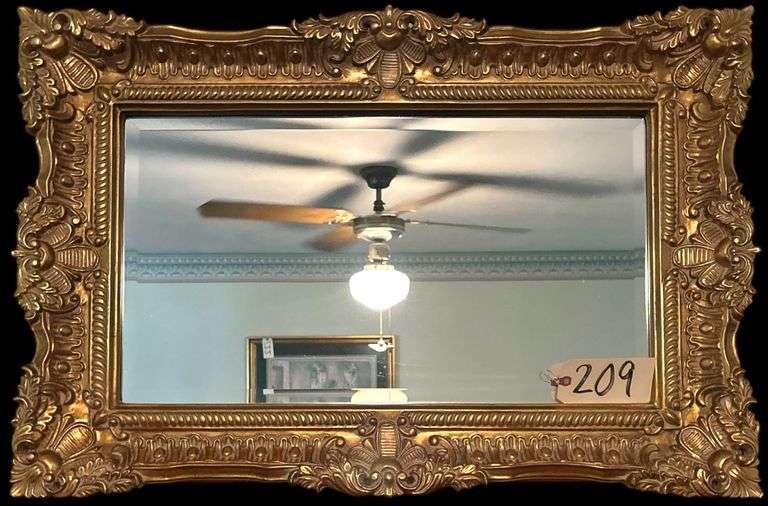 VINTAGE BEVELED MIRROR IN ORNATE GOLD FRAME - MIRROR VIEWING AREA 15 IN X 27 IN - FRAME ADDS 3-4 INCHES ON EACH SIDE image