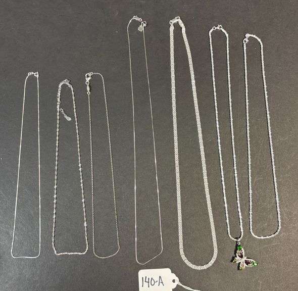 7 STERLING 925 SILVER NECKLACES, 1 W/ BUTTERFLY PENDANT AND STONES - 1.00 TROY OZ INCLUDING STONES image