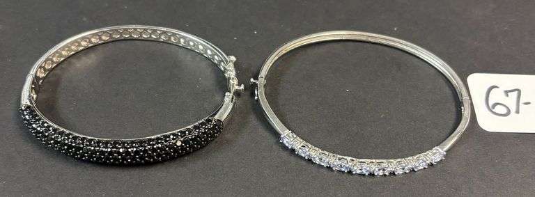 2 STERLING 925 BANGLE STYLE BRACELETS, 1 W/ DIAMOND TYPE STONES, THE OTHER WITH BLACK ONYX TYPE STONES (STAINLESS STEEL FASTENERS) - 1.06 TROY OZ, 33.17 GRAMS INCLUDING STONES image