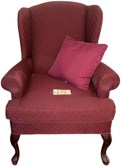 TWO UPHOLSTERED WINGBACK CHAIRS WITH QUEEN ANNE STYLE FRONT LEGS, BURGUNDY/WINE UPHOLSTERY, CHAIRS IN GOOD, NICE CONDITION image