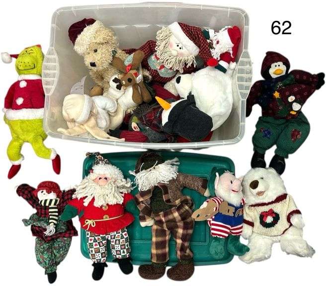 TOTE BOX CHOCK FULL OF PLUSH/STUFFED CHRISTMAS FIGURES TO INCLUDE SANTAS, BEARS, GRINCH, ETC. - VARIOUS COLLECTIBLE NAME BRANDS - TOTE AND LID INCLUDED image