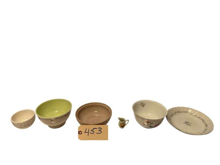 NORITAKI STONEWARE BOWL, 2 HALLMARK BOWLS, VINTAGE AVON AMERICAN HEIRLOOM "INDEPENDENCE DAY 1981" PORCELAIN BOWL, ROYAL SWIRL FINE CHINA SHALLOW BOWL, VINTAGE PORCELAIN CREAMER HAND PAINTED FRUIT DESIGN WITH GOLD COLORED TRIM image