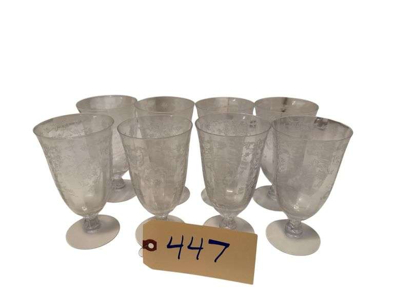 8 VINTAGE FOSTORIA NAVARRE CLEAR ETCHED ICE TEA GLASSES image