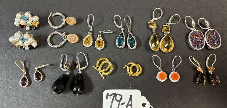 12 STERLING 925 EARRINGS WITH ASSORTED STONES - 63.37 GRAMS, 2.03 TROY OZ TOTAL W/ STONES image
