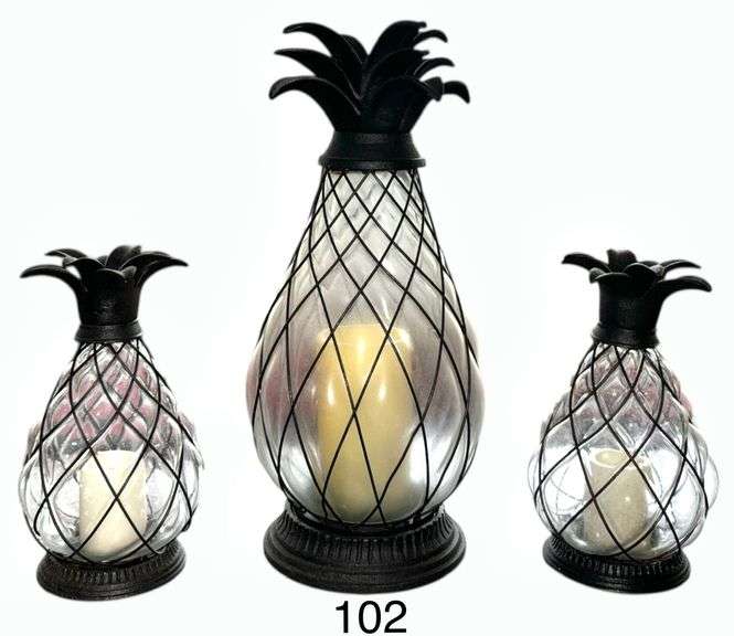 3 METAL PINEAPPLE LANTERNS WITH GLASS INSERTS image