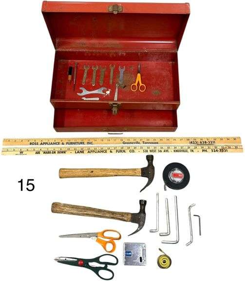 RED METAL TOOLBOX WITH ASSORTED HAND TOOLS INCLUDING SMALL OPEN-END WRENCHES, SCREWDRIVERS, SCISSORS, ADJUSTABLE WRENCH; 2 CLAW HAMMERS, RETRACTABLE TAPE MEASURE, ALLEN WRENCHES, 2 PAIRS SCISSORS, TAPE MEASURE, 2 VINTAGE ADVERTISING YARDSTICKS FROM ROSS APPLIANCE & FURNITURE GREENEVILLE TN AND LANE APPLIANCE KNOXVILLE TN image