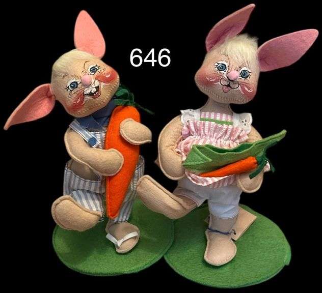 TWO ANNALEE EASTER BUNNY DOLLS ON STANDS - APP. 12 INCHES TALL image