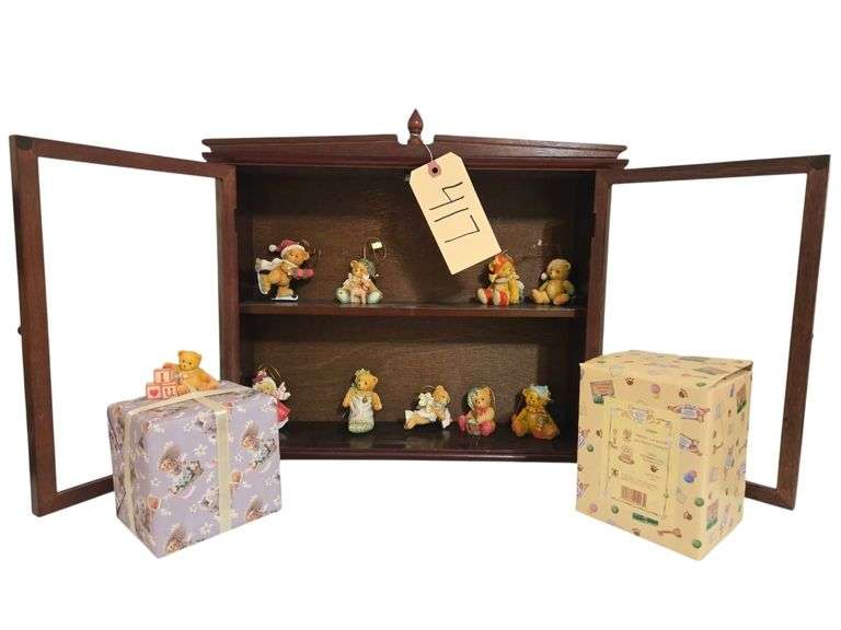 WOODEN DISPLAY CASE W/ GLASS DOORS TO INCLUDE 9 ENESCO CHERISHED TEDDIES ORNAMENTS image
