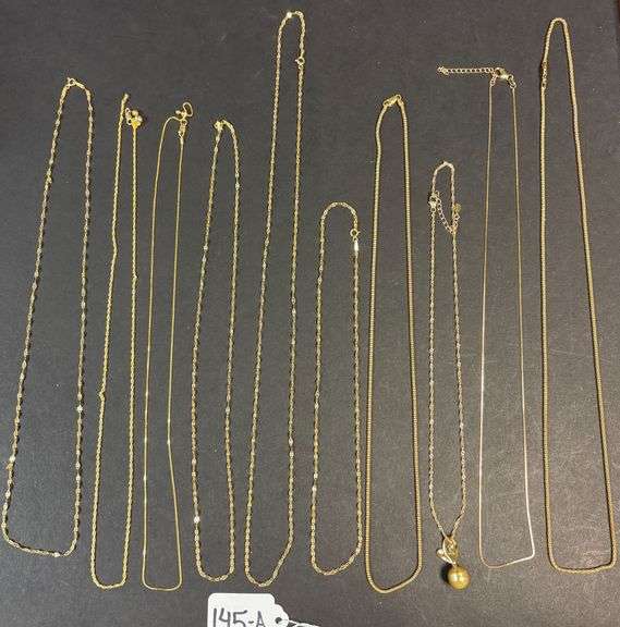 LOT OF 10 STERLING 925 SILVER NECKLACES W/ GOLD OVERLAY, ASSORTED STYLES AND SIZES - 1.02 TROY OZ, 31.83 GRAMS image