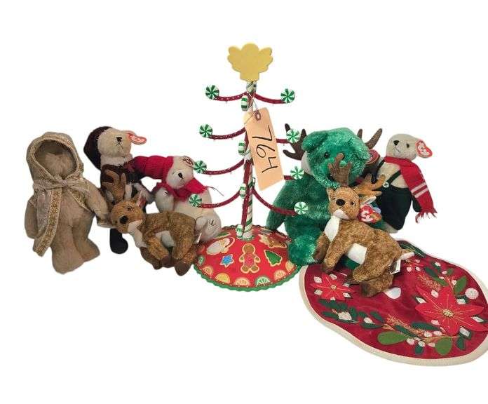 DECORATIVE PEPPERMINT STYLE CHRISTMAS TREE W/ ASSORTMENT OF TY BEANIE BABIES image