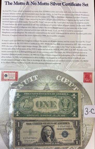 2 1935 SERIES $1 SILVER CERTIFICATES, MOTTO & NO MOTTO, WITH HISTORY, 2 CENT AND 4 CENT STAMPS INCLUDED image