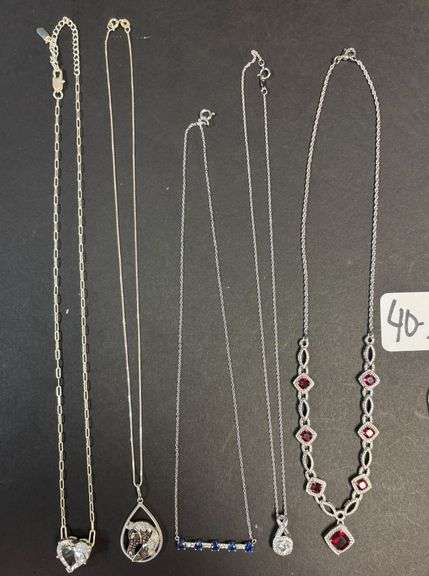 5 STERLING 925 NECKLACES W/ PENDANTS, WHITE SAPPHIRE, BLUE SAPPHIRE, HORSE, RUBIES, HEART PENDANTS - 1.03 TROY OZ, 32.20 GRAMS INCLUDING STONES image