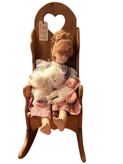 EXTRA TALL BACK COUNTRY HEART ROCKER WITH DOLL HOLDING HER OWN BABY DOLL AND PLUSH - BACK OF ROCKER IS APPROXIMATELY 35" TALL image