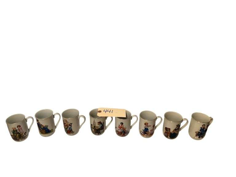 8 NORMAN ROCKWELL MUSEUM COFFEE MUGS: TOY MAKER, BED TIME, THE COBBLER, FOR A GOOD BOY, A DOLL HOUSE FOR SIS, MUSIC MASTER, MEMORIES, THE LIGHTHOUSE KEEPER'S DAUGHTER image