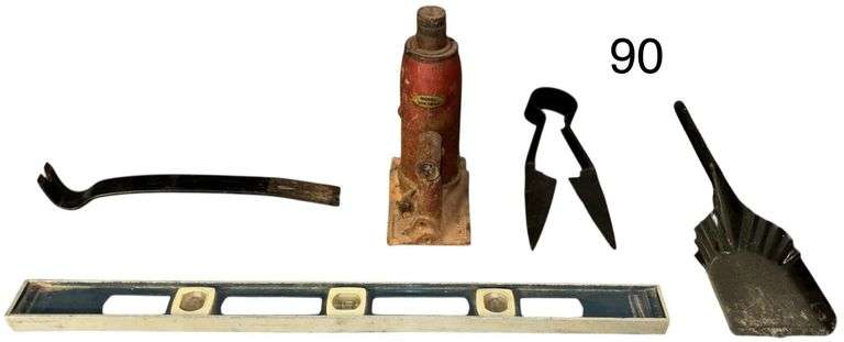 HYDRAULIC BOTTLE JACK, CROWBAR, VINTAGE METAL SHEARS, LEVEL, ASH SHOVEL image