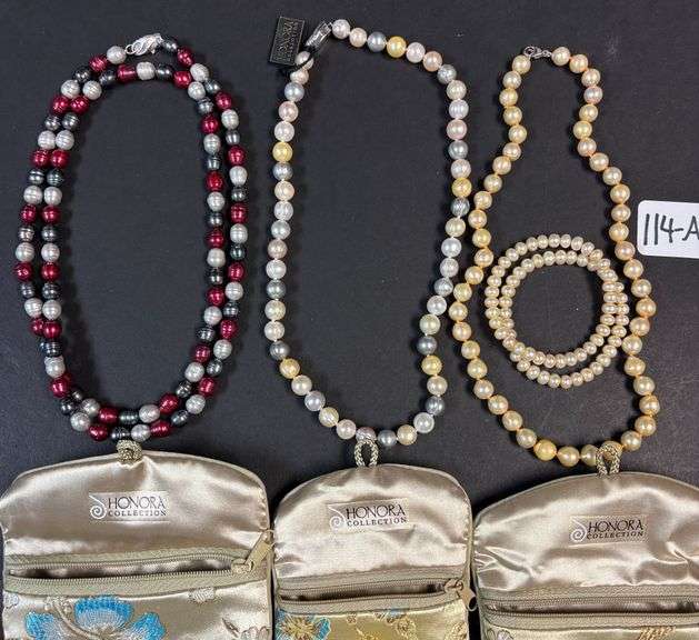 3 HONORA CULTURED/FRESHWATER PEARL NECKLACES, PAIR OF BRACELETS WITH BAGS image