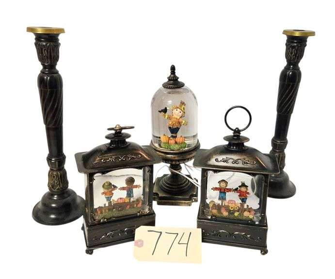2 TALL CANDLEHOLDERS APPROX. 14.5”, 3 FALL SCARECROW LIGHTED DISPLAYS image
