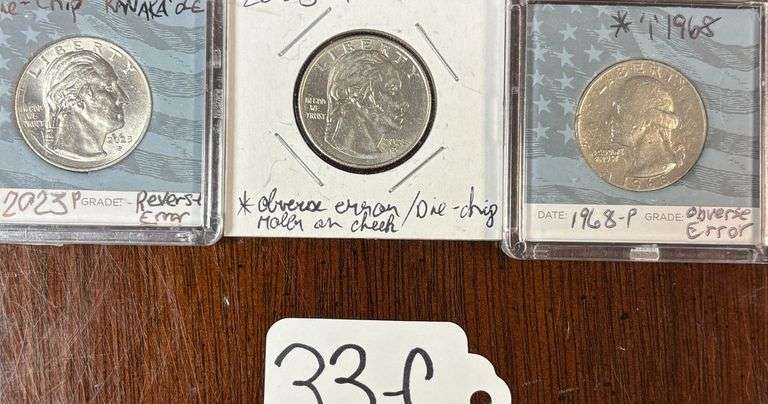 3 UNITED STATES MINT ERROR QUARTERS, 2023-P "DIE-CHIP" A IN KANAKA'OLE ON REVERSE, 2023-D DIE-CHIP ON CHEEK OBVERSE, 1968-P OBVERSE DATE ERROR "1" image