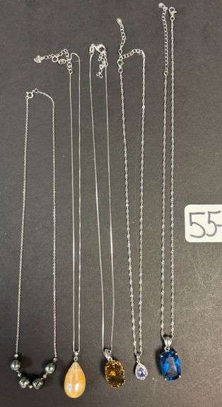 5 STERLING 925 NECKLACES WITH PENDANTS, BLUE SAPPHIRE, PEARL TYPE, AMBER AND PURPLE STONES - .98 TROY OZ, 30.70 GRAMS image