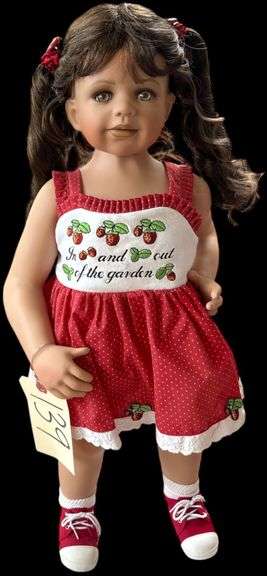 MONICA LEVENIG 24 INCH PORCELAIN DOLL WITH STRAWBERRY DRESS AND RED SHOES, PIGTAILS, EXCELLENT CONDITION, MARKED ON BACK image
