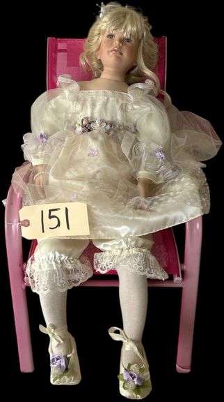 LARGE PORCELAIN DOLL MARKED PATRICIA PANE AEL2002 - APPROXIMATELY 28+ INCHES TALL - INCLUDES PINK CHILD'S CHAIR image