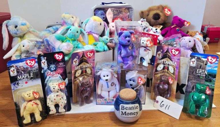ASSORTED COLLECTION OF BEANIE BABIES LARGE AND SMALL, SOME ENCASED, SOME AS WRAPPED MCDONALD'S TOYS WITH PORCELAIN BEANIE MONEY COLLECTION JAR image