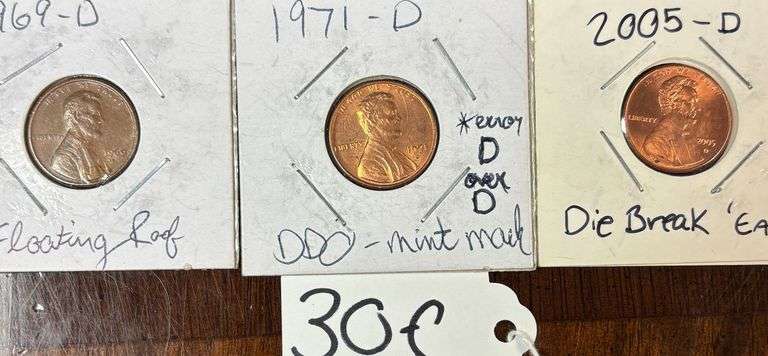THREE MINT ERROR COINS, 1969-D "FLOATING ROOF", 1971 DOUBLE DIE OBVERSE (DDO) MINT MARK, 2005-D DIE BREAK "EAR" image