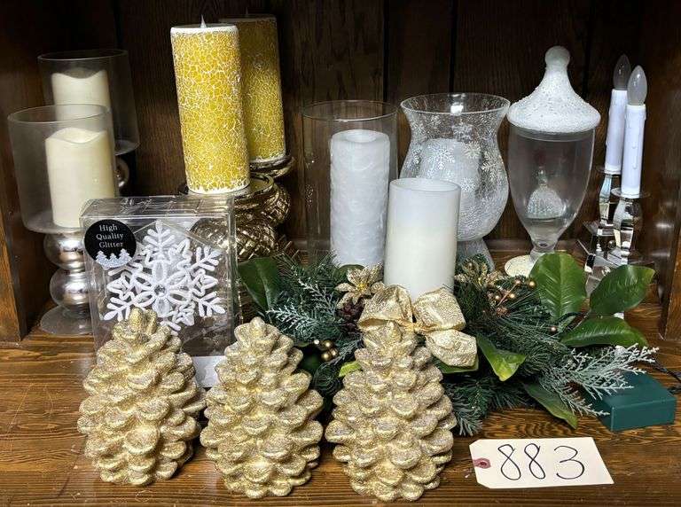 LOT OF DECORATOR ITEMS AND CANDLES TO INCLUDE GOLD FIGURAL TREES, GOLD-TONE PEDESTALS WITH BATTERY OP CANDLES, GLASS GLOBES - AS PICTURED image