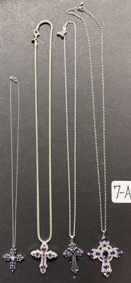 4 STERLING 925 SILVER NECKLACES & PENDANTS W/ PURPLE AMETHYST TYPE STONES - 57.40 GRAMS OR 1.84 TROY OZ TOTAL W/ STONES image
