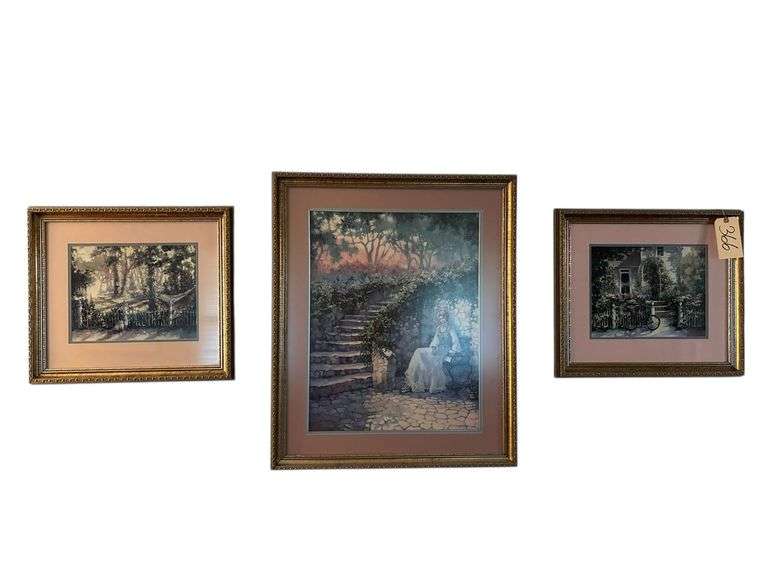 3 VICTORIAN GARDEN PRINTS FRAMED AND MATTED TO MATCH IN PINK - LARGE ONE MEASURES 33" X 27.5" - 2 SMALLER ONES ARE 21.5" X 19" image